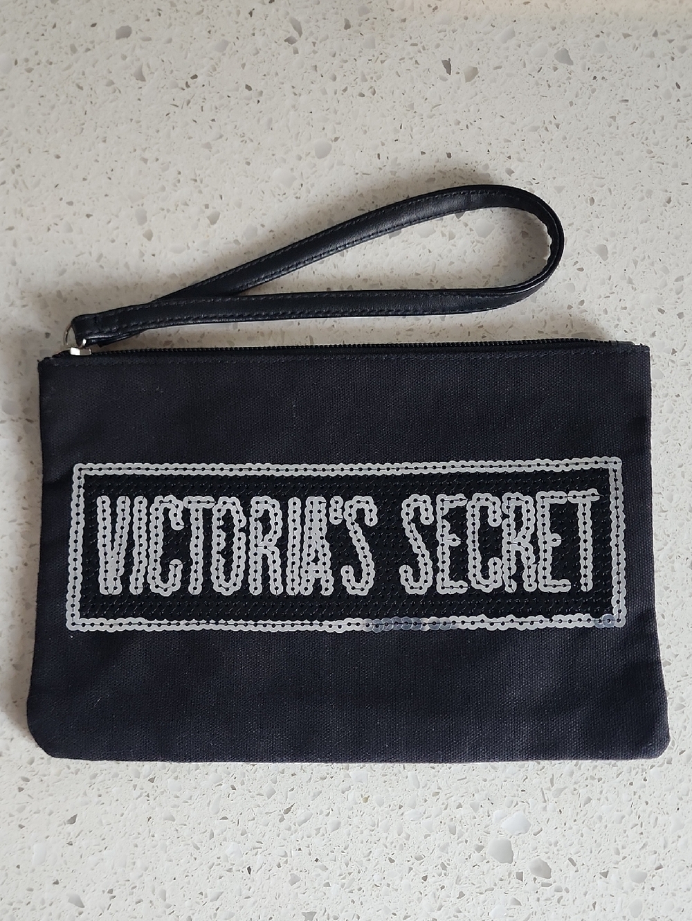 Victoria's Secret Black Sequin Logo Wristlet Makeup Bag